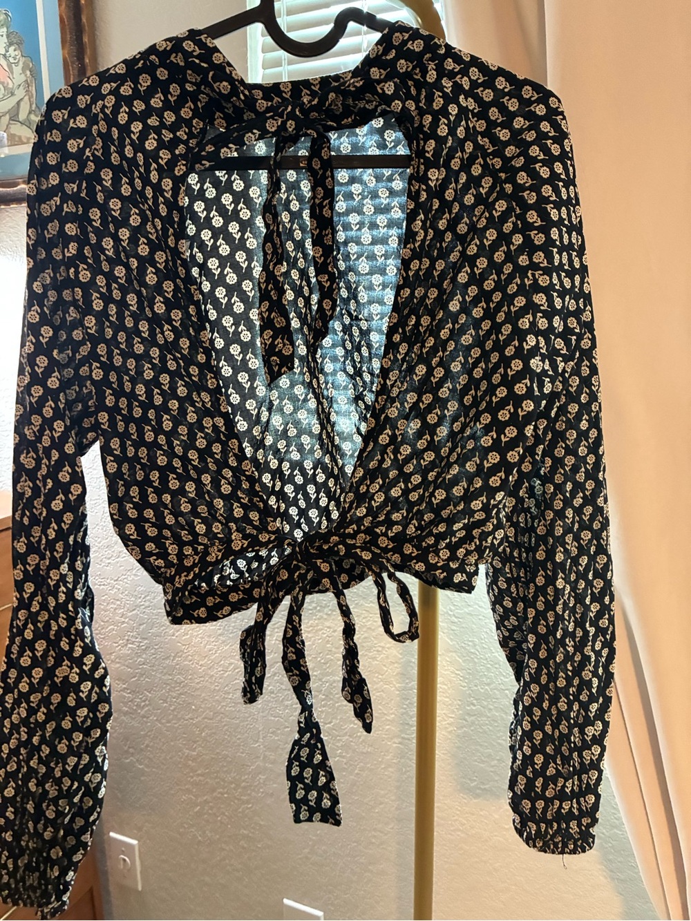 Topshop Black Cropped Open Back Long Sleeve Blouse with Cream Floral Print